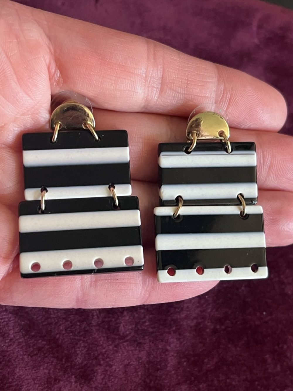 Bold Mod Striped Geometric Dangle Earrings - Unsigned